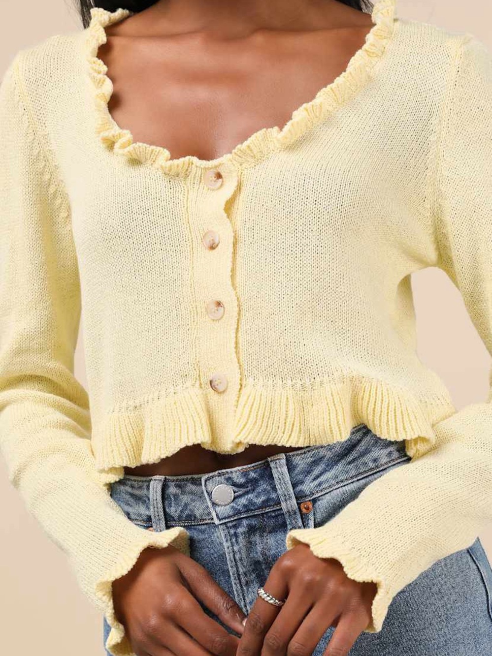 Lulus | Impressively Sweet Light Yellow Ruffled Cropped Cardigan - Picture 4 of 7